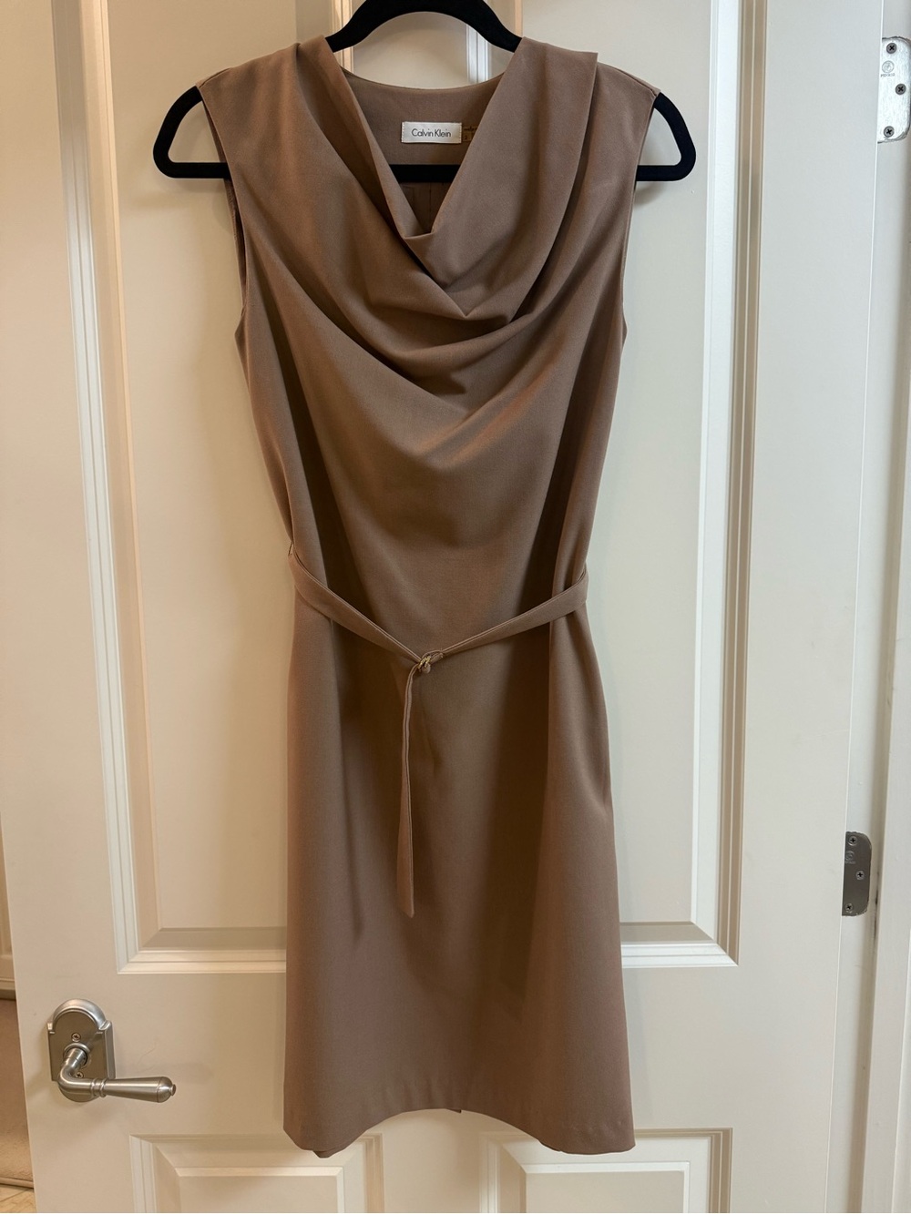 Calvin Klein Taupe Cowl Neck Sheath Dress with Belt